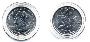 США 25 центов = квотер 2002 D, серия штаты США, Луизиана KM 333 медь плакированный медно-никелем UNC 61-643
