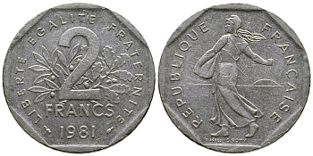 ФРАНЦИЯ 2 ФРАНКА 1981 СЕЯТЕЛЬ KM 942.1, LE FRANC 272.5 никель 36-123