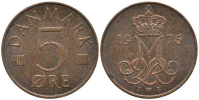 Дания 5 эре 1976 S; B, Маргрете II (1972- ) KM 859.1 железо плакированное медью 116-152
