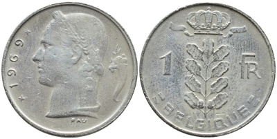 БЕЛЬГИЯ 1 ФРАНК 1969 BELGIQUE KM 142.1 медно-никель 4385-441