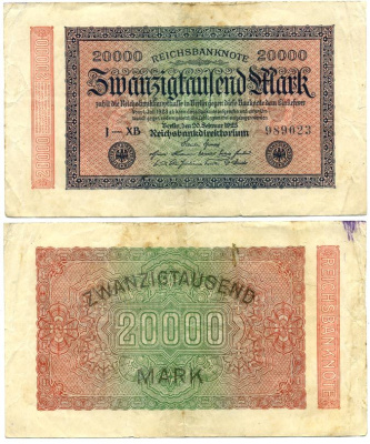 ГЕРМАНИЯ 20000 МАРОК 1923 20 ФЕВРАЛЯ 1923, ВОДЯНОЙ ЗНАК G Pick 85с бумага 7547-85-3