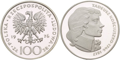 Польша 100 злотых 1976 MW, Тадеуш Костюшко (1746-1817) KM 82, Parchimowicz 274 серебро PROOF 1087-7-54