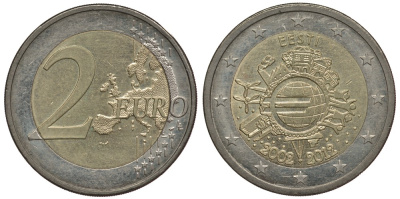 Эстония 2 евро 2012 10 лет монетарной политике и наличному евро KM 70 биметалл 4384-446