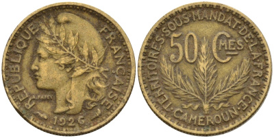 Камерун 50 сантимов 1926 (a), мондвор Париж KM 1 алюминиевая бронза 4164-1266