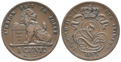 БЕЛЬГИЯ 1 САНТИМ 1875 BELGES KM 33.1 медь 100-1112