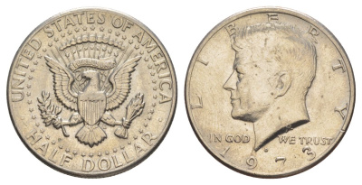 США 1/2 доллара (50 центов) 1973 Джон Кеннеди KM 202b медь плакированная медно-никелем aUNC 4536-322