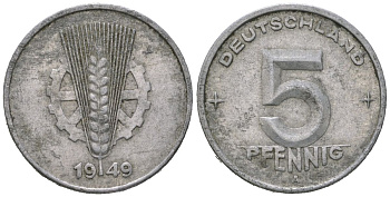 ГДР 5 пфеннигов 1949 A KM 2 алюмний 188-154