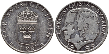 Швеция 1 крона 1999 Карл XVI Густав (1973- ) KM 852a медно-никель 4385-545