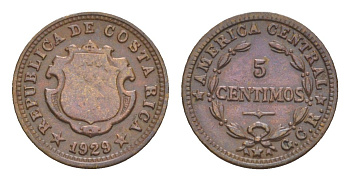 Коста-Рика 5 сентимо 1929 KM 169 бронза 1522-543