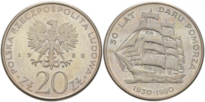 Польша 20 злотых 1980 MW, 50 лет фрегату «Дары Поморца» KM 112, Parchimowicz 253 медно-никель 73-415