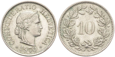 Швейцария 10 раппенов 1970 KM 27 медно-никель 55-432