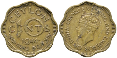 ЦЕЙЛОН 10 ЦЕНТОВ 1944 ГЕОРГ VI KM 118 никель латунь 3334-657
