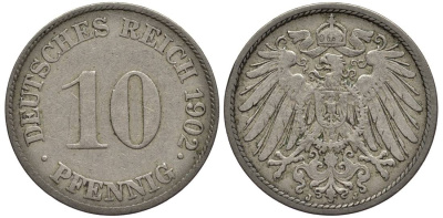 Германия 10 пфеннигов 1902 J KM 12, Jager 13, Weege 8 медно-никель 219-352