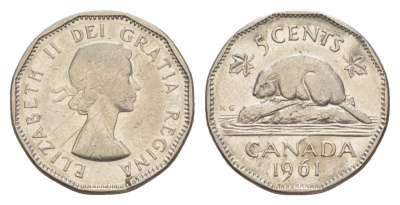 Канада 5 центов 1961 Елизавета II (1952-2022), бобр KM 50a никель 4630-667