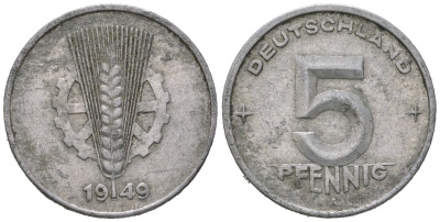 ГДР 5 пфеннигов 1949 A KM 2 алюмний 188-154