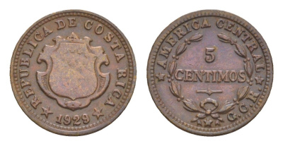 Коста-Рика 5 сентимо 1929 KM 169 бронза 1522-543