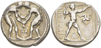 Памфилия, Аспенд статер 380-325 гг. до н.э. два борца / пращник, трискелион, вес 10,63 г SNG France 95 серебро 00-821-49