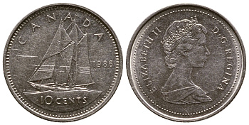 Канада 10 центов 1986 Елизавета II (1952-2022), парусник KM 77.2 никель 4110-1764