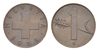 Швейцария 1 раппен 1958 B KM 46 бронза 4630-528