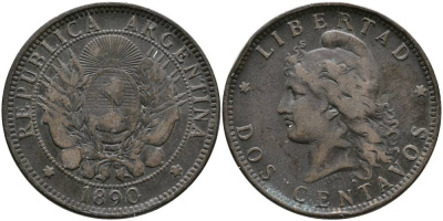 Аргентина 2 сентаво 1890 голова свободы влево KM 8 бронза 4531-944