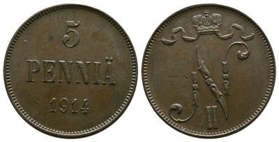 Россия для Финляндии 5 пенни 1914 Николай II (1894-1917) KM 15, Биткин 454 медь 4382-841