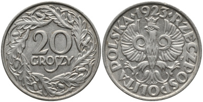 ПОЛЬША 20 ГРОШЕЙ 1923 KM 12 никель 80-714