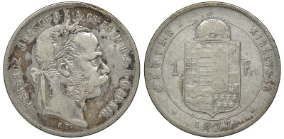 Венгрия 1 форинт 1877 КВ, Франц Иосиф I (1848-1916) KM 453.1 серебро 1527-1322
