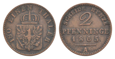 Пруссия 2 пфеннига 1865 A, Вильгельм I (1861-1888) KM 481, Jaeger 51, AKS 107, Olding 425 медь 4651-239