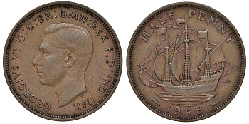Великобритания 1/2 пенни 1948 Георг VI (1936-1952) KM 844, Spink 4115 бронза 4128-855