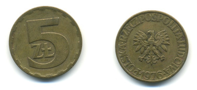 Польша 5 злотых 1976 монетный двор Ленинград (ЛМД) KM 81.1, Parchimowicz 221b латунь 4364-1135