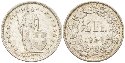 Швейцария 1/2 франка 1964 В KM 23 серебро 188-1043