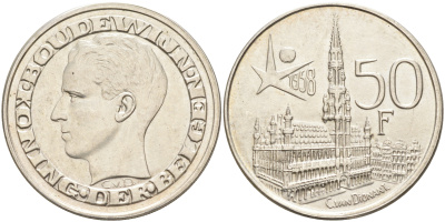 Бельгия 50 франков 1958 ВСЕМИРНАЯ ЯРМАРКА В БРЮССЕЛЕ, DER BELGEN KM 151.1 серебро UNC 4593-845