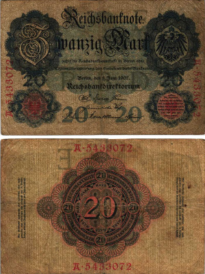 ГЕРМАНИЯ 20 МАРОК 1907 8 ИЮНЯ 1907 Pick 28 бумага 8609-46-2