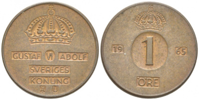 Швеция 1 эре 1965 U, Густав VI Адольф (1950-1973) КМ 820 бронза 3955-311
