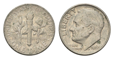 США 10 центов (дайм) 1967 Рузвельт KM 195a медь плакированная медно-никелем 4674-537