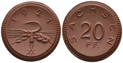 Саксония 20 пфеннигов 1921 колосья и серп J. N 53 фарфор UNC 1094-9-45