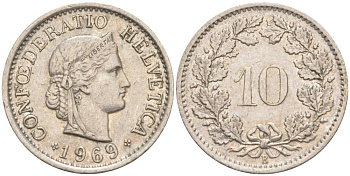 ШВЕЙЦАРИЯ 10 РАППЕНОВ 1969 В KM 27 медно-никель 55-416
