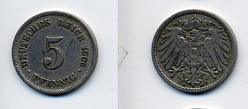 ГЕРМАНИЯ 5 ПФЕННИГОВ 1909 E, KM 11, J. 12 медно-никель 76-242