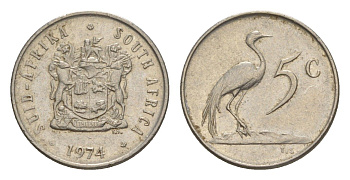 ЮАР 5 центов 1974 герб, райский журавль KM 84 никель 4602-966