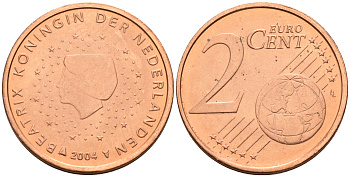 Нидерланды 2 евроцента 2004  КМ 235 сталь плакированная медью UNC   4160-1142