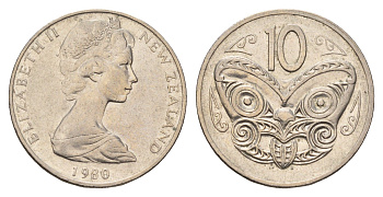 Новая Зеландия 10 центов 1980 Елизавета II (1952-2022), маска маори KM 41 медно-никель 4671-532