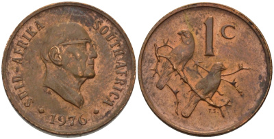 ЮАР 1 ЦЕНТ 1976 ПРЕЗИДЕНТ ЯКОБУС ЙОХАННЕС ФУШЕ, КАПСКИЕ ВОРОБЬИ KM 91 бронза UNC 66-244