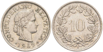 ШВЕЙЦАРИЯ 10 РАППЕНОВ 1969 В KM 27 медно-никель 55-416