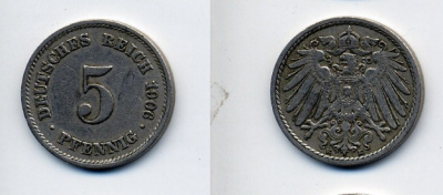 ГЕРМАНИЯ 5 ПФЕННИГОВ 1909 E, KM 11, J. 12 медно-никель 76-242