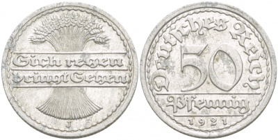 ГЕРМАНИЯ 50 ПФЕННИГОВ 1921 J KM 27, J. 301 алюминий 4539-745