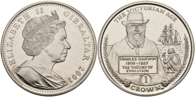 Гибралтар 1 крона 2001 серия Викторианский век, Чарльз Дарвин (история эволюции) KM 924 медно-никель UNC 4578-432