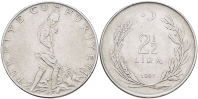 ТУРЦИЯ 2 1/2 ЛИРЫ 1967 KM 893.1 сталь 4179-121