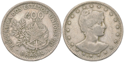 Бразилия 400 реалов 1901 MCMI, голова свободы вправо KM 505 медно-никель 4612-424
