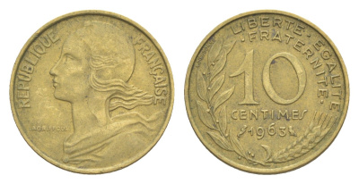 Франция 10 сантимов 1963 тип Марианна KM 929, Le Franc 144.3 алюминиевая бронза 4643-514