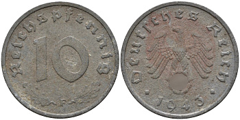 Германия 10 рейхспфеннигов 1943 F KM 101, J.371 цинк 4151-257